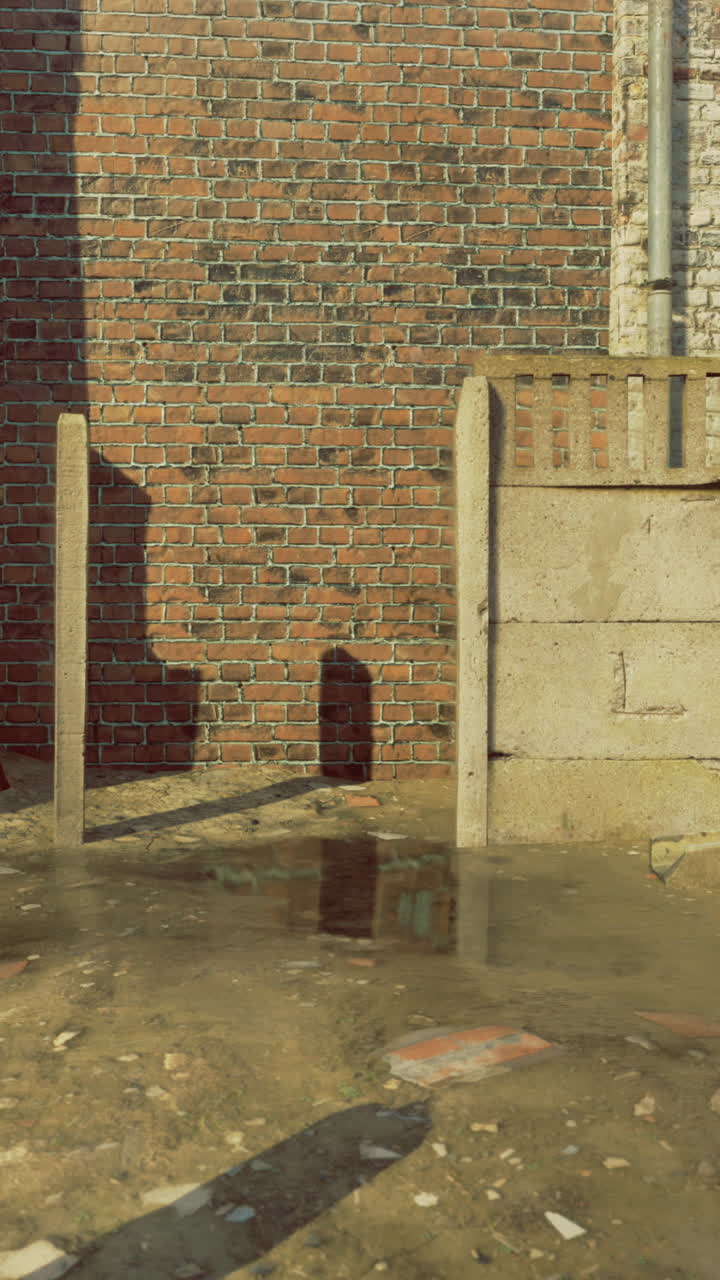 Sunny urban alley with scattered debris and a trash can