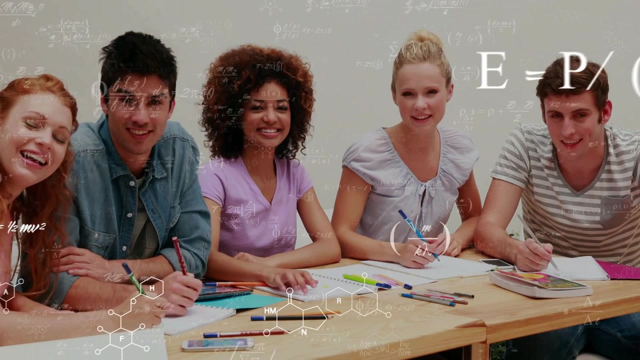 study group writing notes triggers animated math formulas, sharing pens, smiling camera