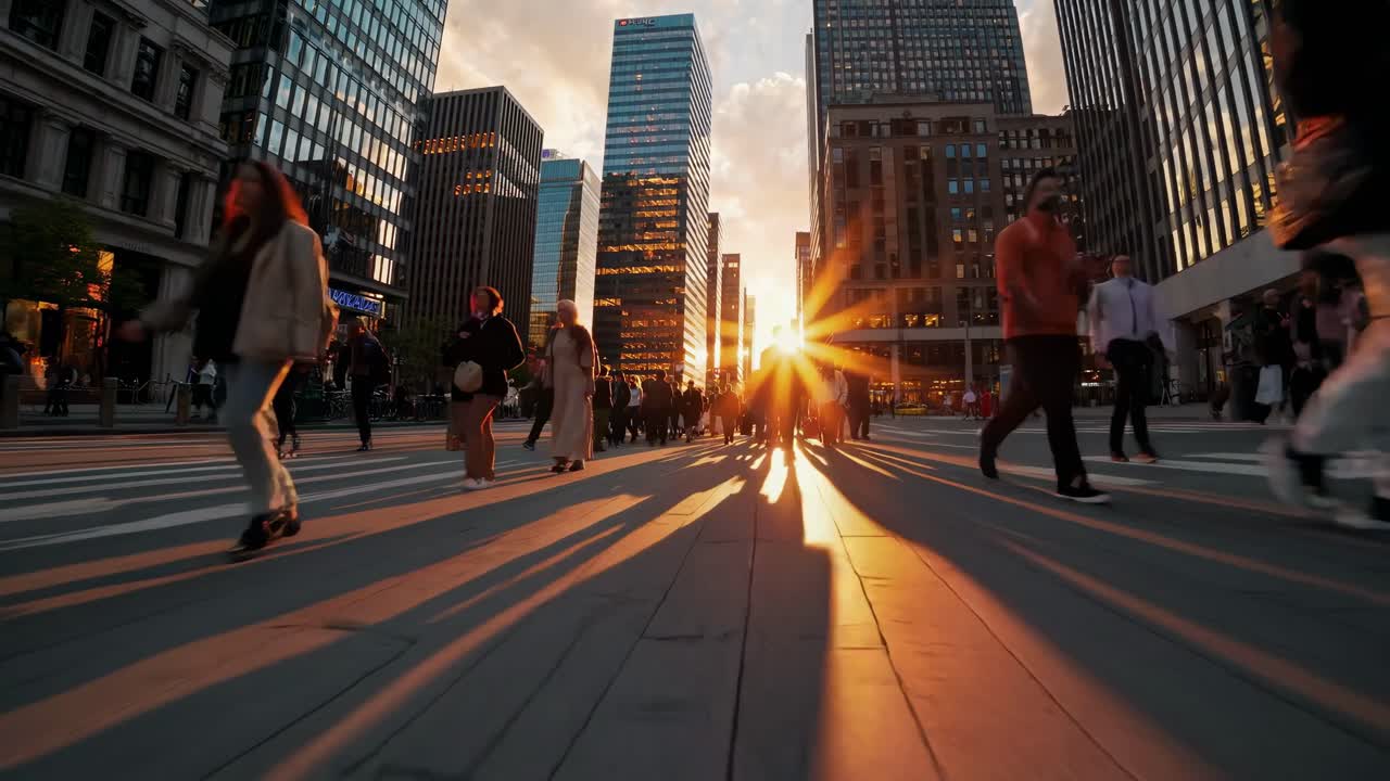 A dynamic street-level video captures a bustling cityscape at sunset, with long shadows and a warm