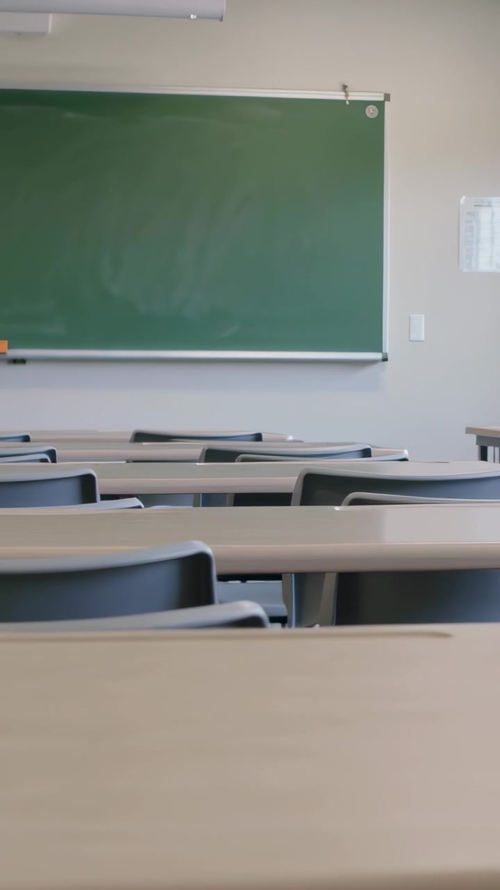 Video Verticale: Telecamera di Classe in Movimento che Rileva la Parte Anteriore Durante la Configurazione, Mostrando Lavagna Verde e Gomma Arancione
