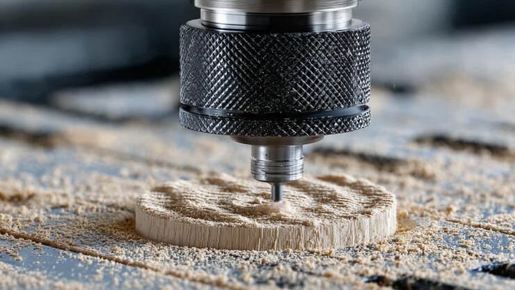 Intricate Woodworking Process: A Close-Up of Precision CNC Milling and Carving on a Wooden Surface for Detailed Craftsmanship