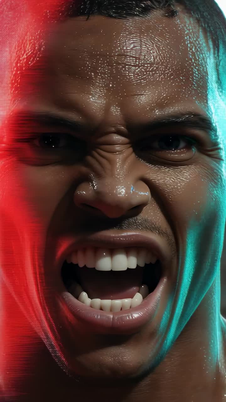 Vertical video: Reacting to red teal lights, adult male shouting in studio showing teeth sweat