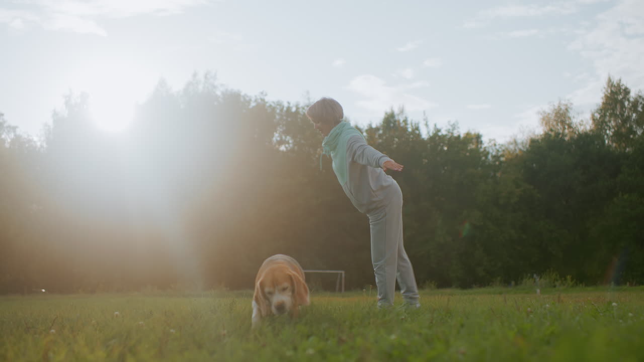 Side view of canine specialist performing leg stretches on green grassy field outdoors during sunny day wearing sportswear while small dog sniffs ground nearby under clear blue sky in peaceful park