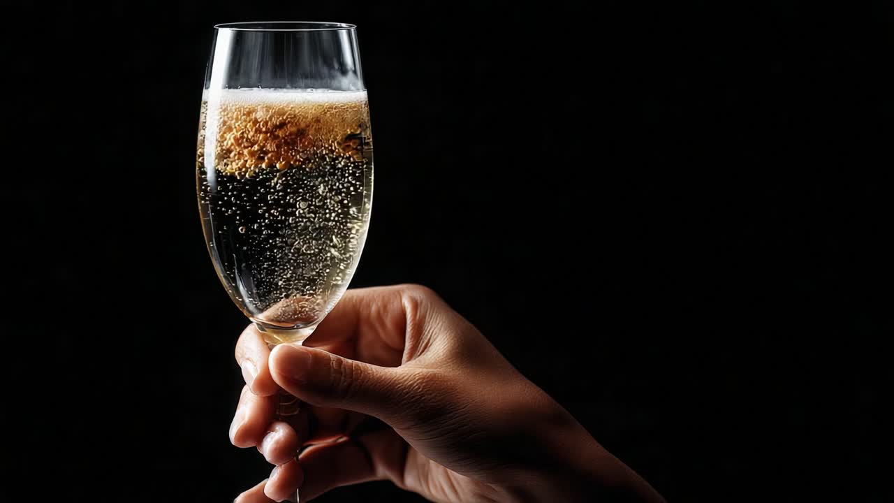 Una mano che sorregge elegantemente un calice scintillante pieno di champagne effervescente su uno sfondo scuro, catturando l'essenza della celebrazione e del lusso