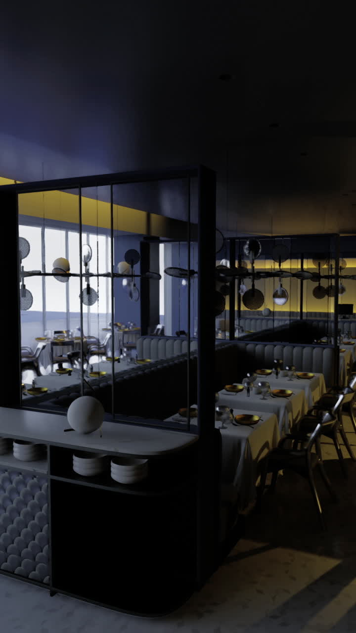 Modern dining area with elegant design and large windows overlooking landscape