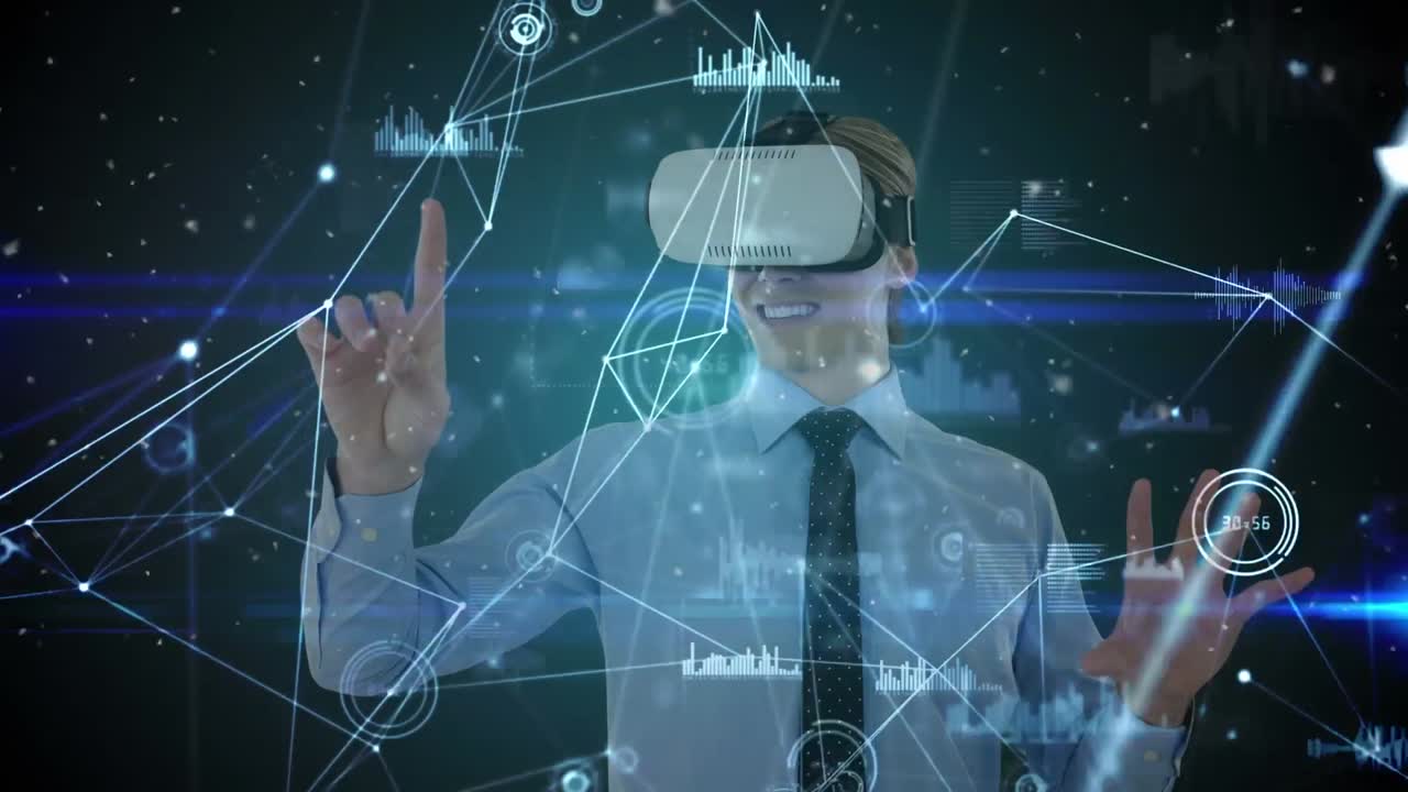 Animation of network of connections with data over happy cauasian man wearing vr headset