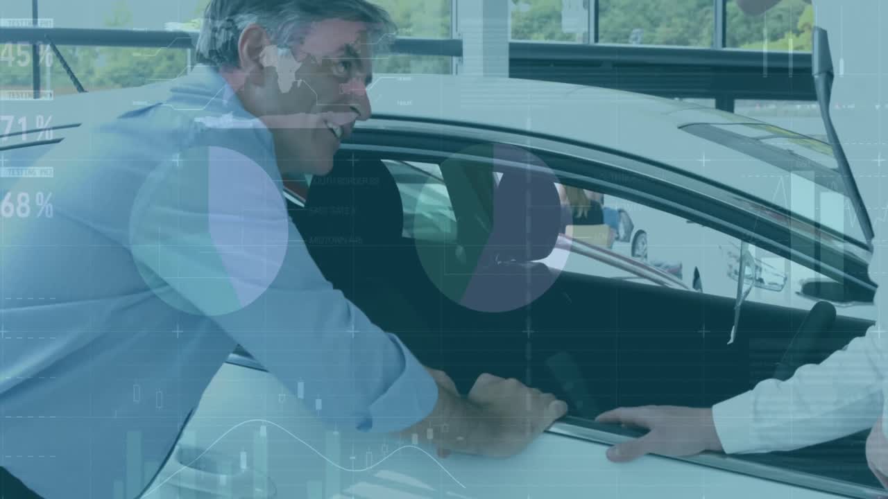 animación de gráficos y flechas sobre el vendedor de coches y el cliente estrechando la mano