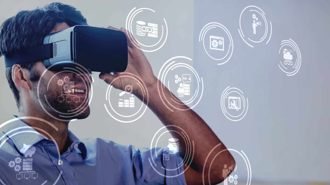 Man using VR headset with icons on screen