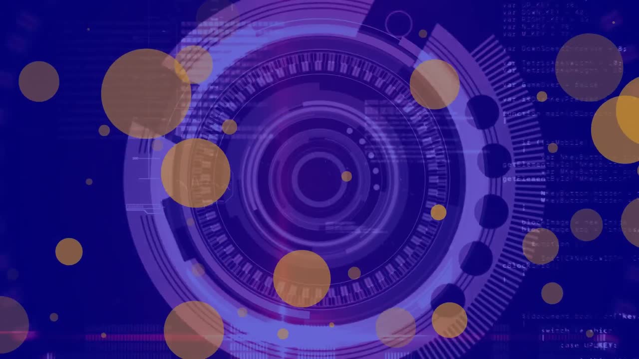animación de manchas amarillas sobre escáner redondo giratorio y procesamiento de datos contra fondo azul.
