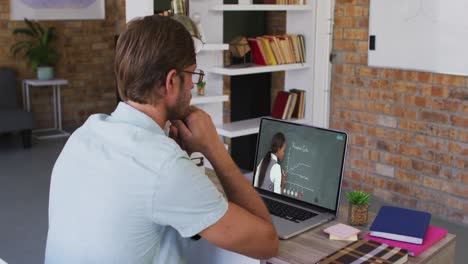 caucasian male student using laptop on video call with female teacher