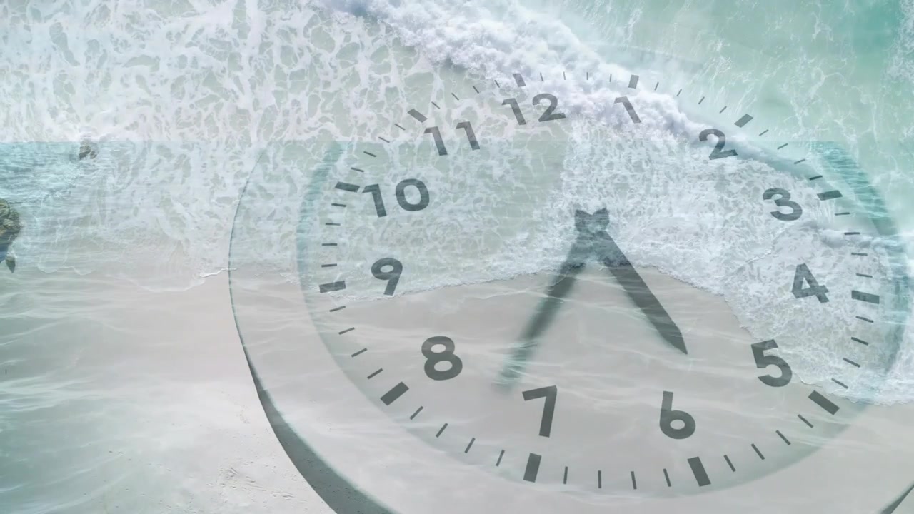 Vertical video: Surf sweeping clock face, hands rotating clockwise, visualizing time for design