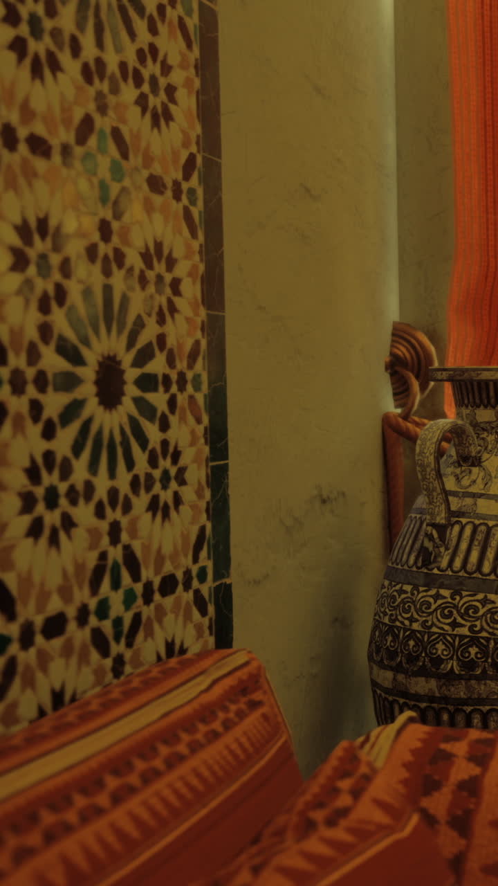 Decorative tiles and furniture in a warm indoor space with colorful textiles