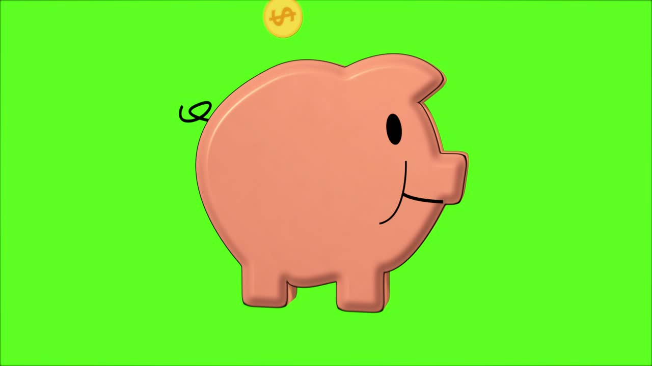 Happy piggy bank is fed with golden coins