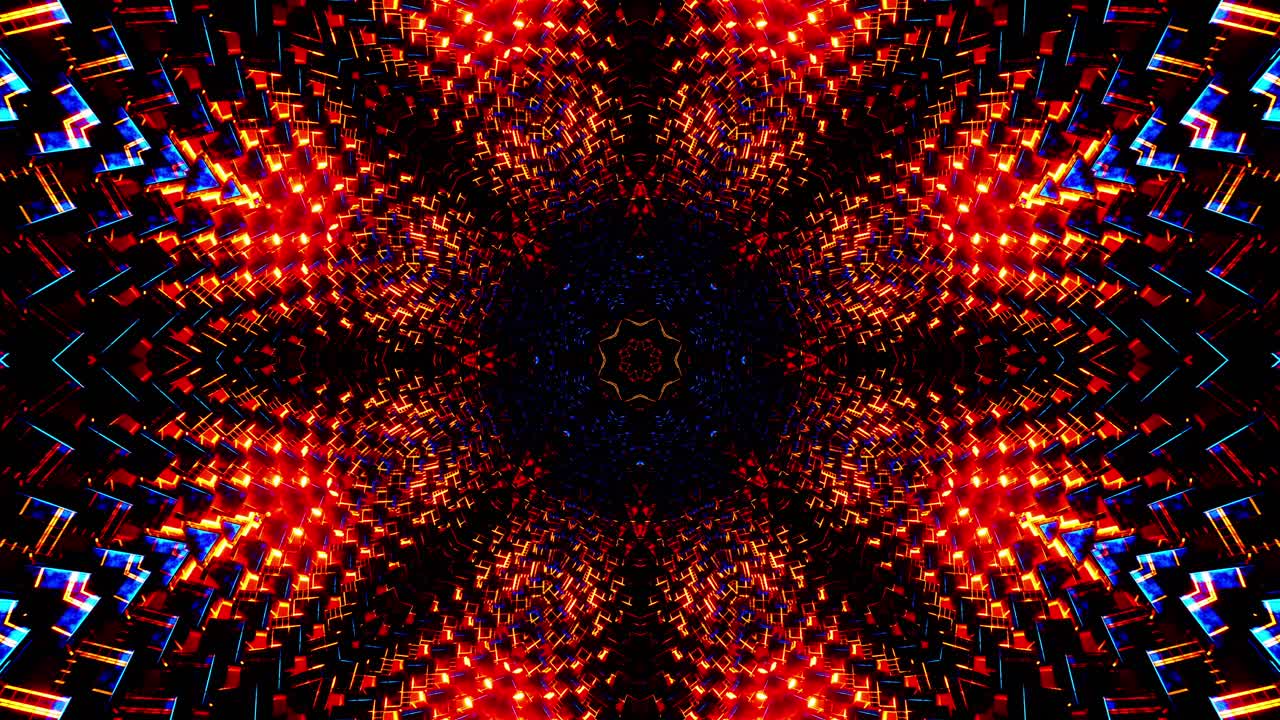 Terbang melalui terowongan kubus logam biru dan oranye. Loop VJ Kaleidoskop