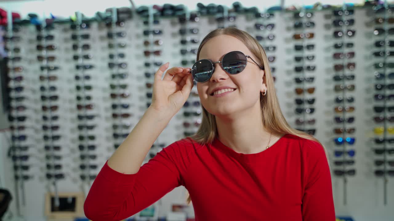 Portrait of smiling girl in black sunglasses. Attractive young woman is trying on stylish eyeglasses on the background of new spectacles at optical store.