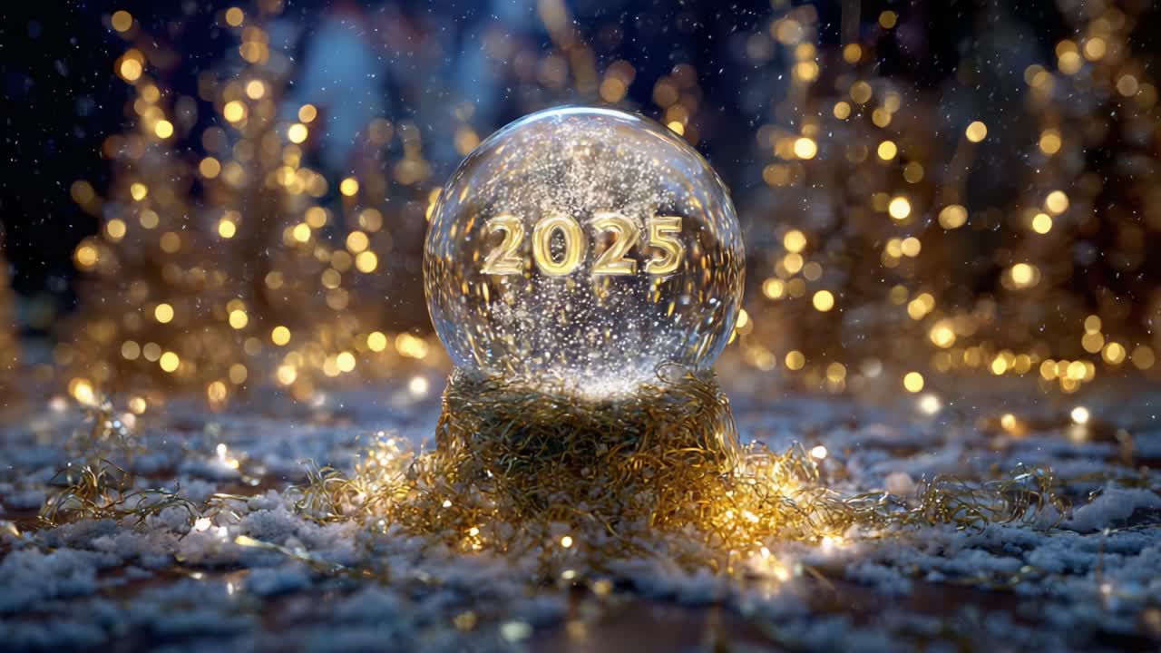 Eine wunderschön beleuchtete Schneekugel mit der Jahreszahl 2025, umgeben von funkelnden Lichtern und festlicher Dekoration, perfekt, um das neue Jahr zu feiern