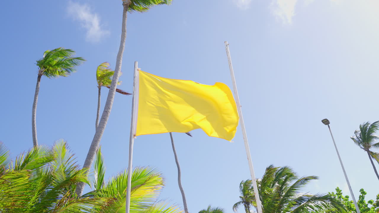 Yellow Caution Flag On Mast Waving In Wind On Bavaro Beach With Palm Trees In Background. Low Angle Shot