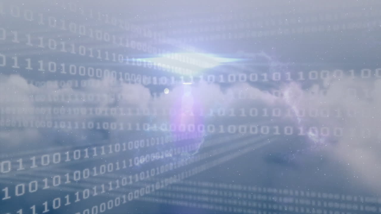 Animation of binary code streaming over cloudy sky with bright light
