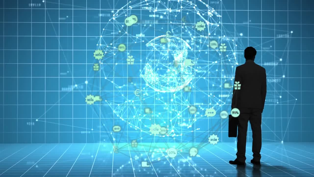 파란색 배경에 아이콘과 사업가 실루 ⁇ 을 가진 연결의 지구의 애니메이션