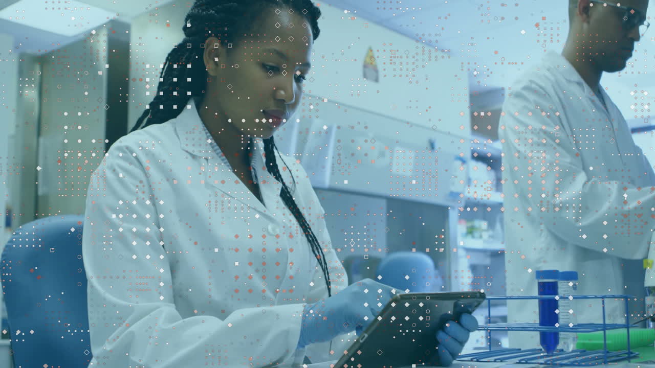 Scientist in lab coat using tablet with data processing animation overlay