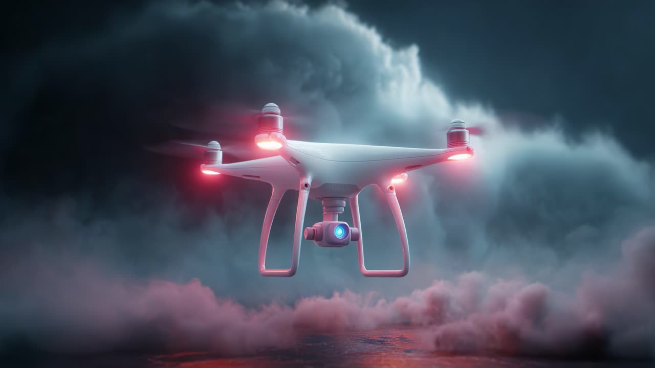 Aerial Exploration: Captivating Drone in Action Amidst Ethereal Clouds and Dynamic Lighting, Showcasing Advanced Technology and Modern Aerial Imaging Capabilities