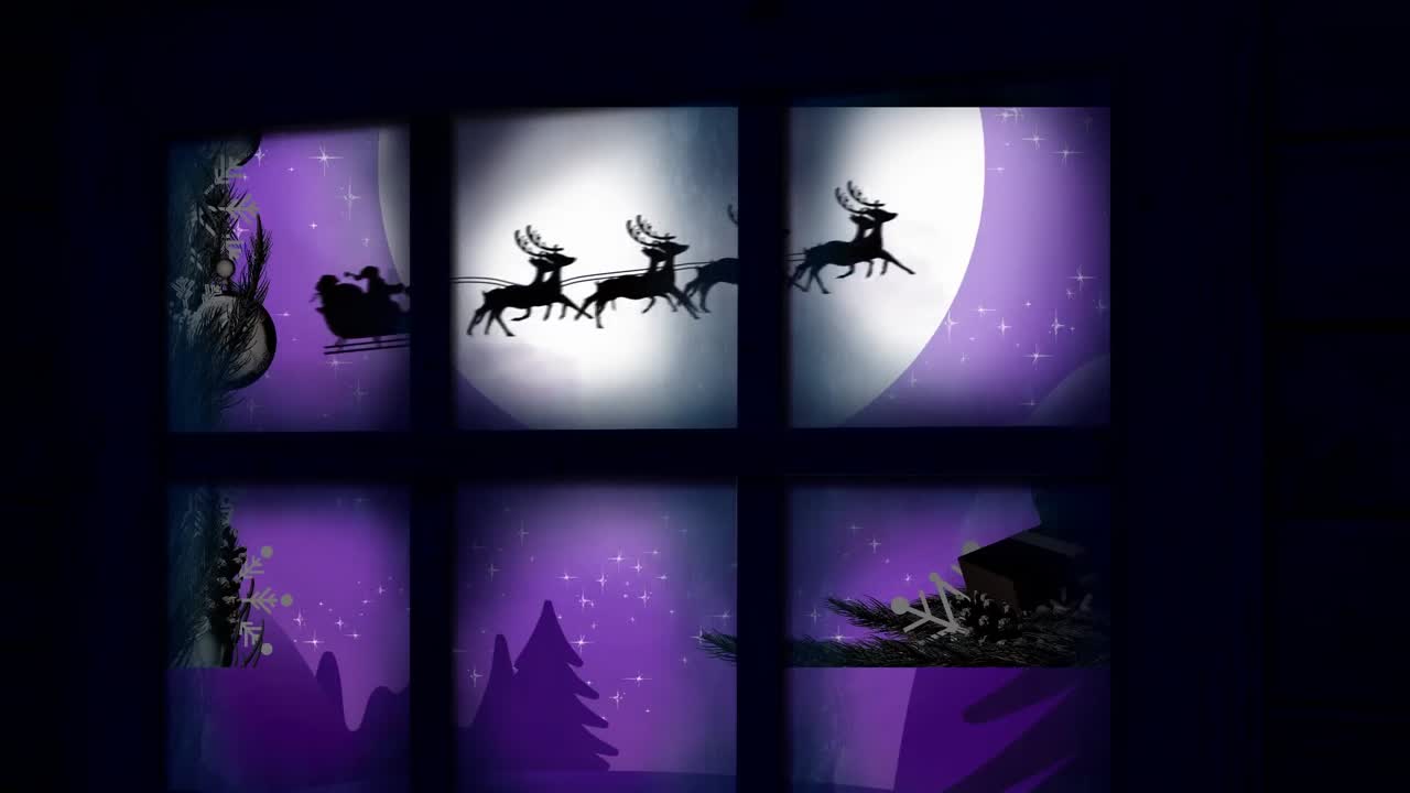 Animation of santa claus in sleigh with reindeer in christmas winter scenery seen through window