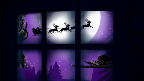 Animation-of-santa-claus-in-sleigh-with-reindeer-in-christmas-winter-scenery-seen-through-window