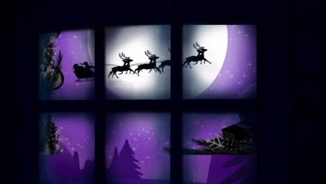 animación de santa claus en trineo con renos en el paisaje de invierno de navidad visto a través de la ventana