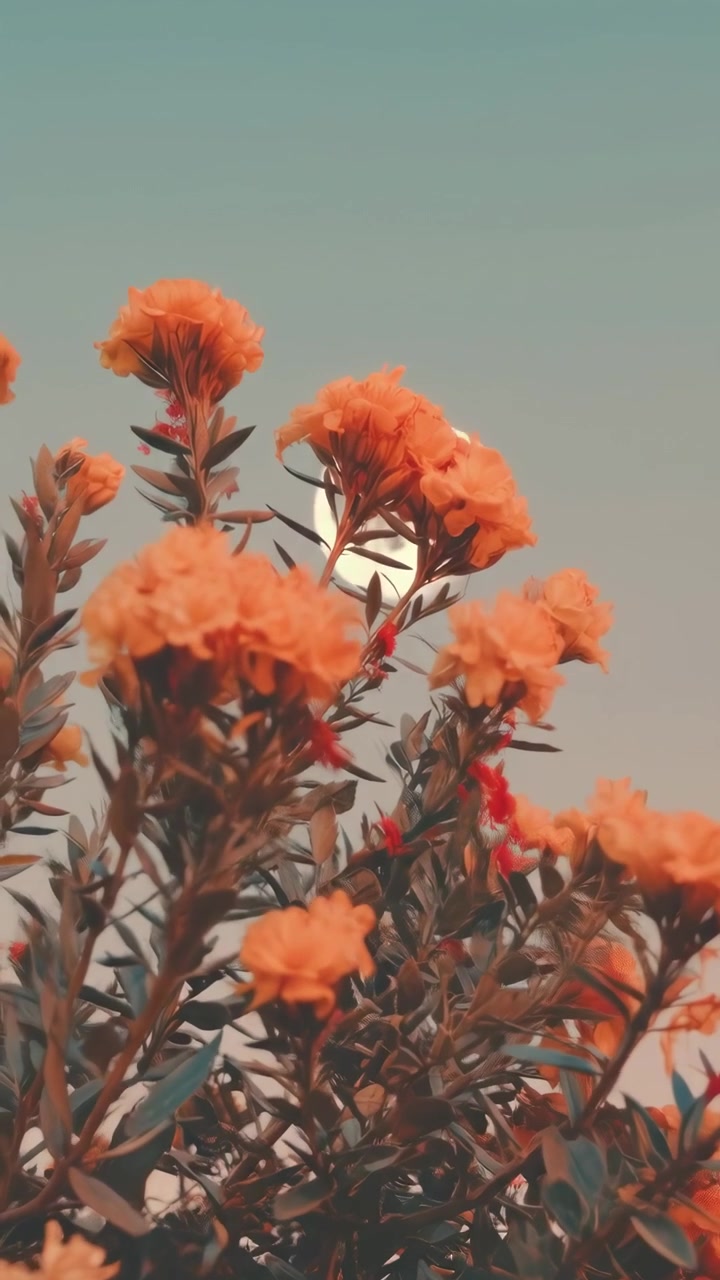 Lua Cheia Surgindo Atrás de Flores Laranjas ao Crepúsculo