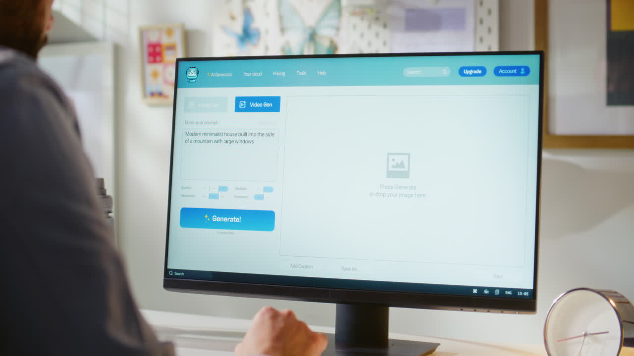 Person using AI software to generate an image of a modern minimalist house