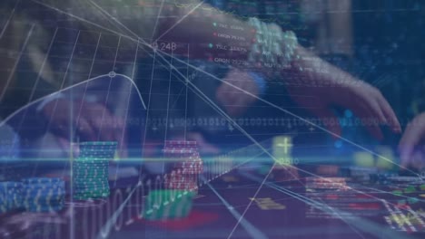 animation of statistical and stock market data processing over mid section of people playing poker