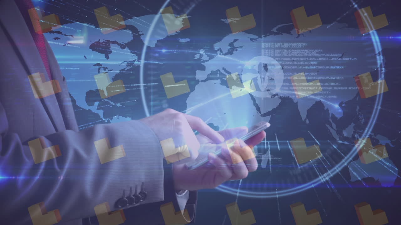 스마트 폰을 사용하는 백인 남자의 손 위에 세계 지도, 3d 모양 및 아이콘의 애니메이션