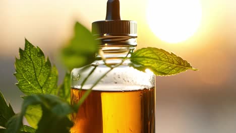 botella de aceite esencial con hojas verdes al atardecer