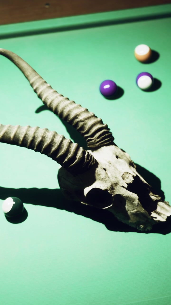Skull of a goat rests on a green pool table with colorful balls around it