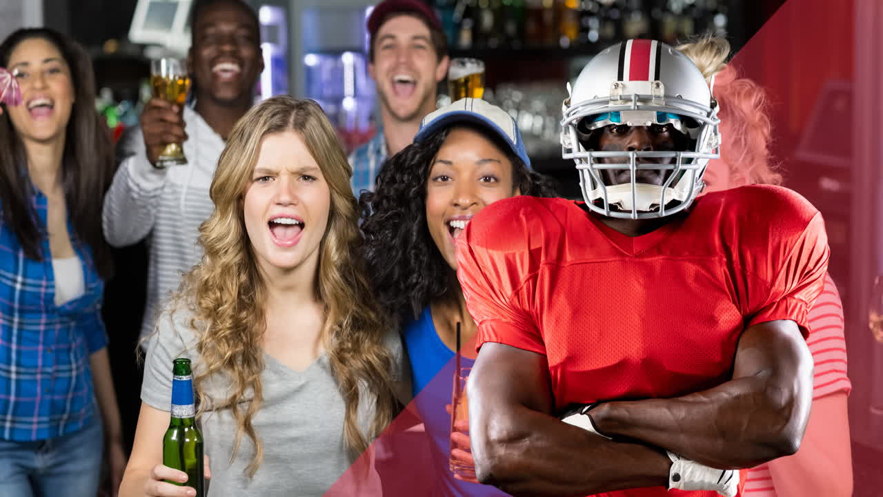 animación de un jugador de fútbol americano masculino sobre felices fanáticos de deportes diversos viendo el juego en el bar