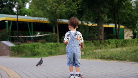 cute baby boy in a t-shirt and jeans romper is on the walk. little kid walks by the paved road outdoors.
