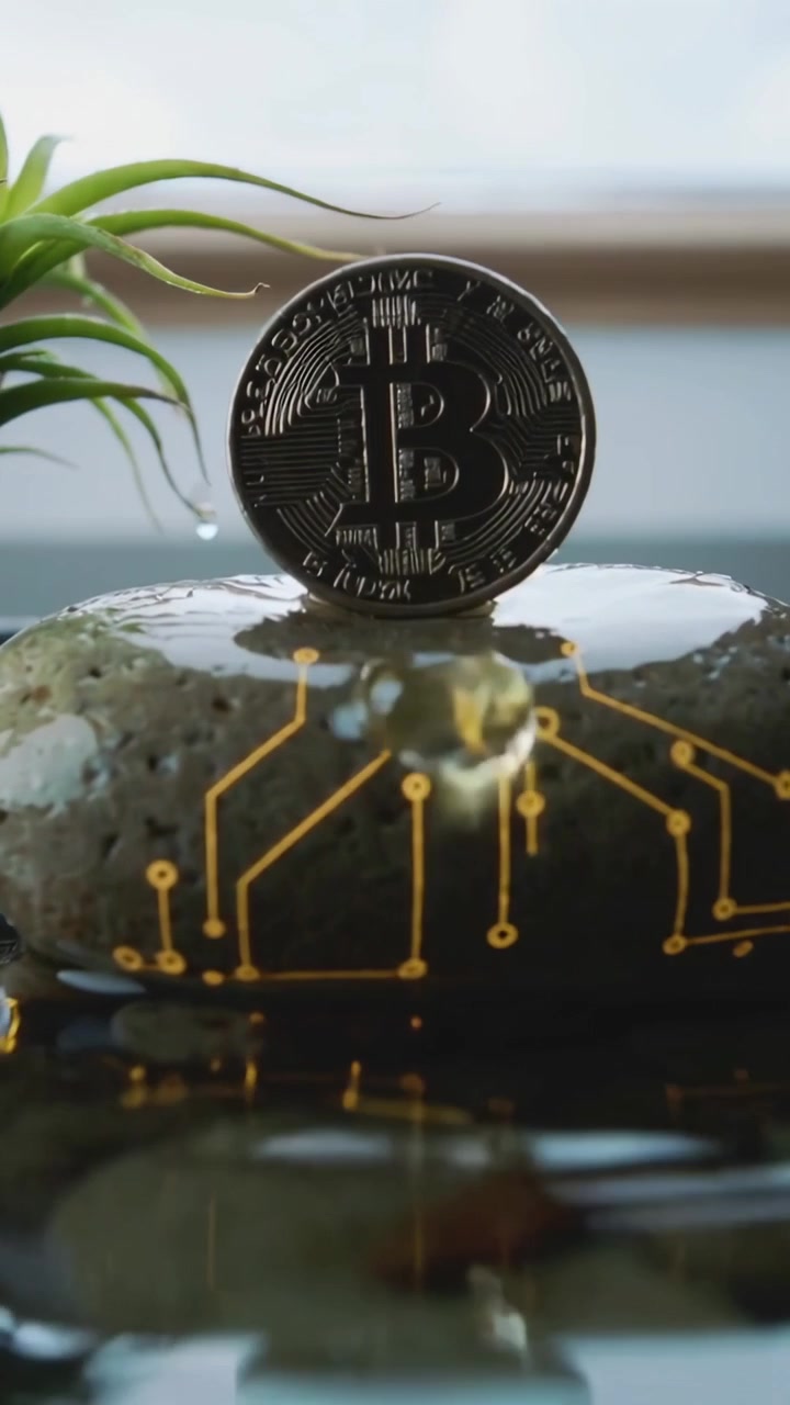 Video verticale: Una goccia che cade, increspature che distorcono un Bitcoin su una pietra con circuito, con zoom che mostra i dettagli.