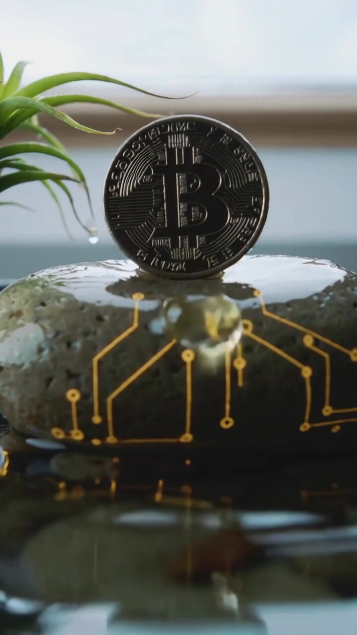 Video verticale: Una goccia che cade, increspature che distorcono un Bitcoin su una pietra con circuito, con zoom che mostra i dettagli.