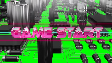Animation-of-pink-metallic-text-game-start,-over-neon-lines,-on-green-computer-motherboard
