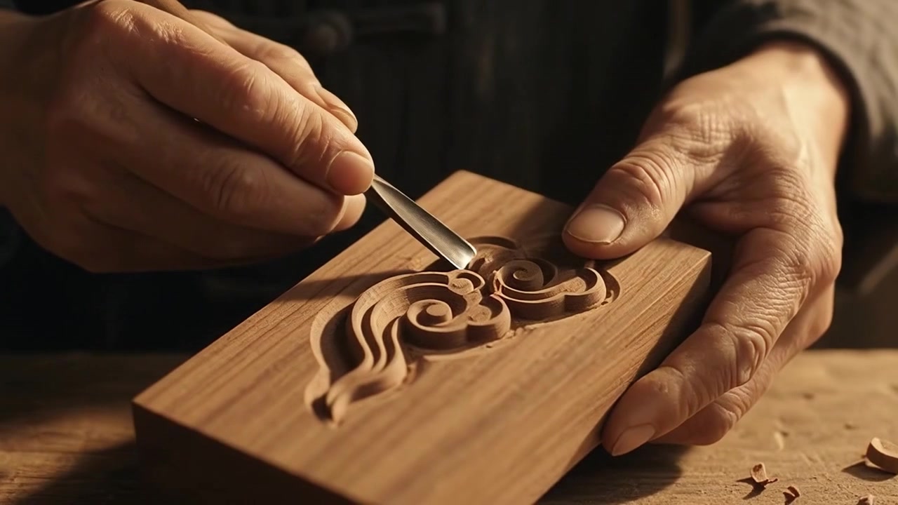 Skilled Artisan Carving Traditional Woodwork in Workshop