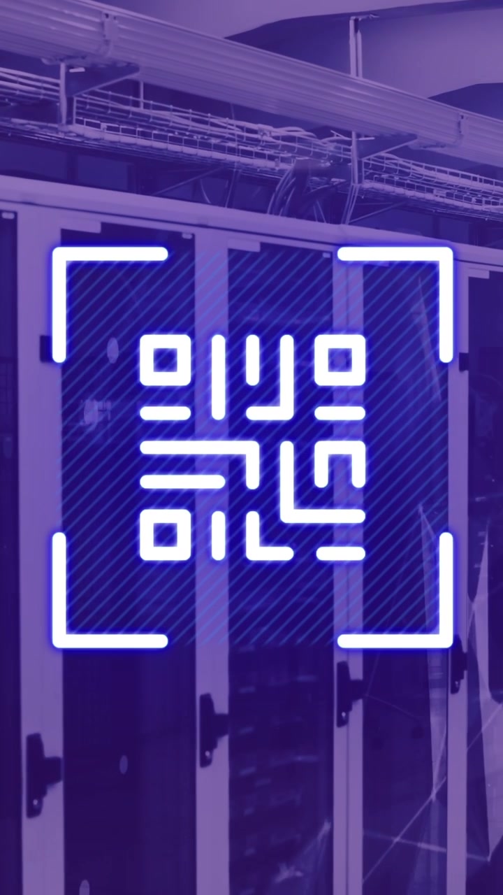 Animation of neon qr code over server room in violet