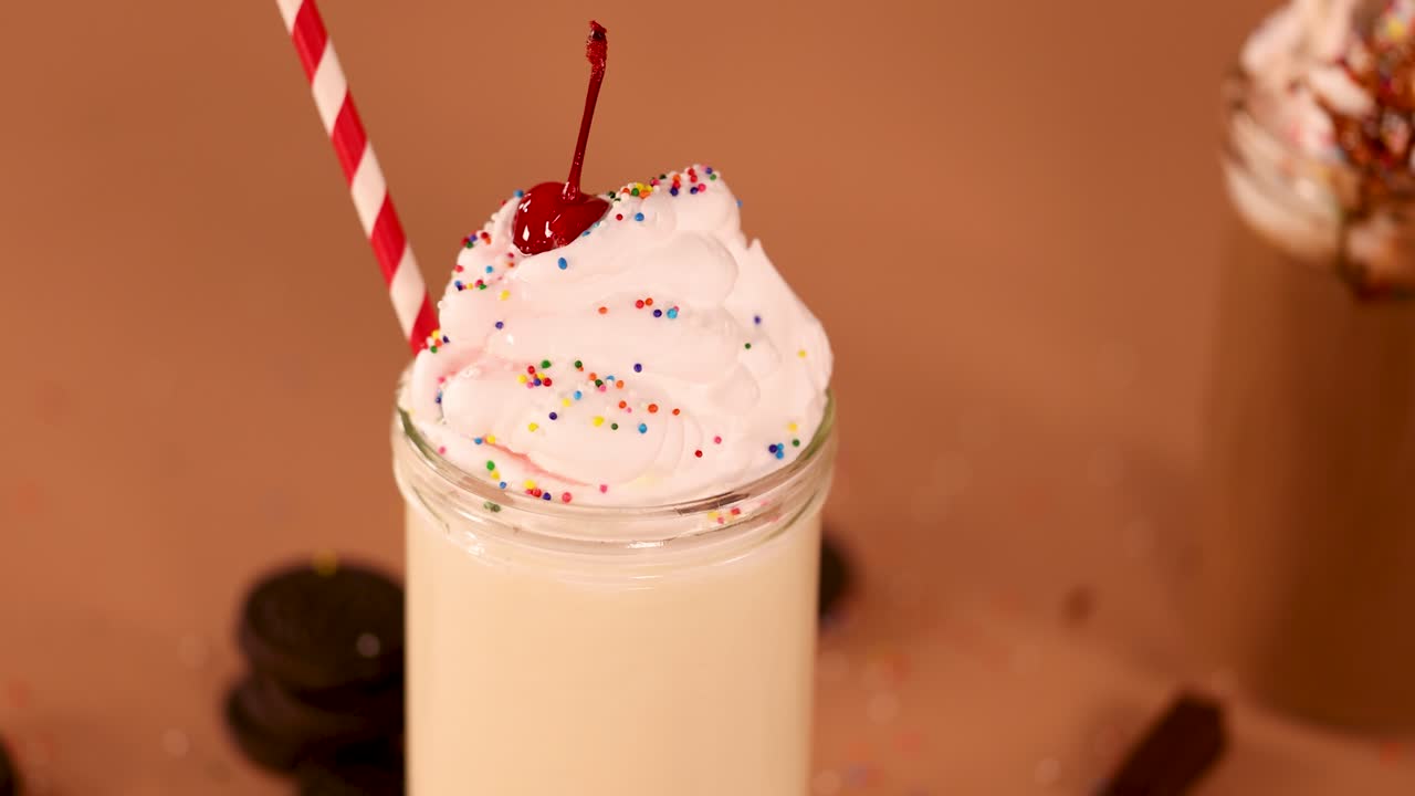 Vanilla milkshake in glass jar, whipped cream, cherry, sprinkles, striped straw, warm lighting
