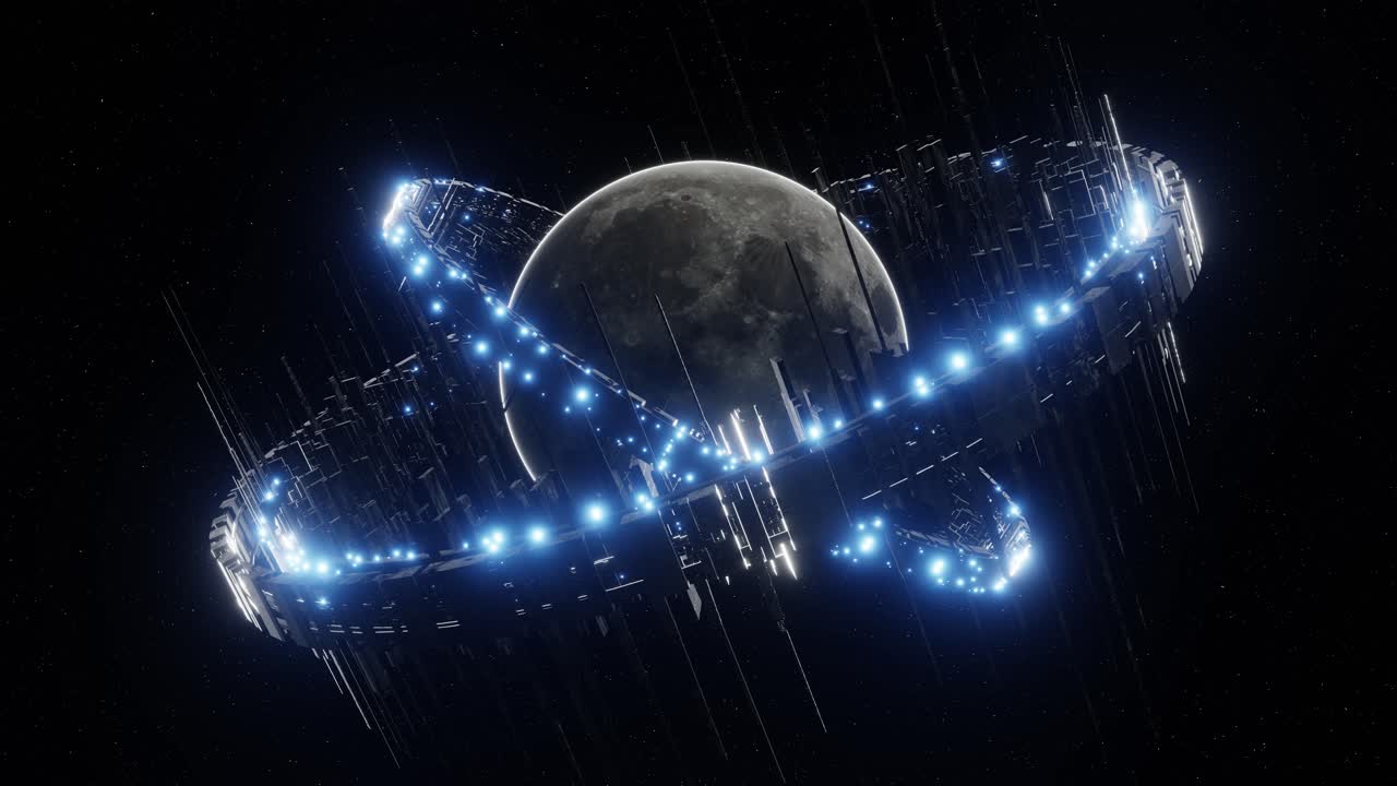 Glowing futuristic ring around moon. 3d animation