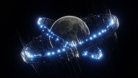 glowing futuristic ring around moon. 3d animation