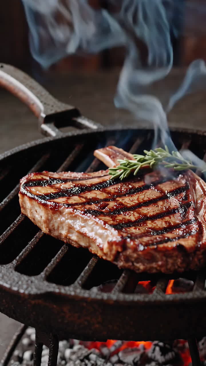 Sizzling Grilled Steak with Rosemary on a Cast Iron Grill