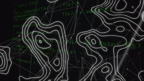 animación de líneas de contorno en movimiento sobre una red de conexiones y procesamiento de datos, en negro
