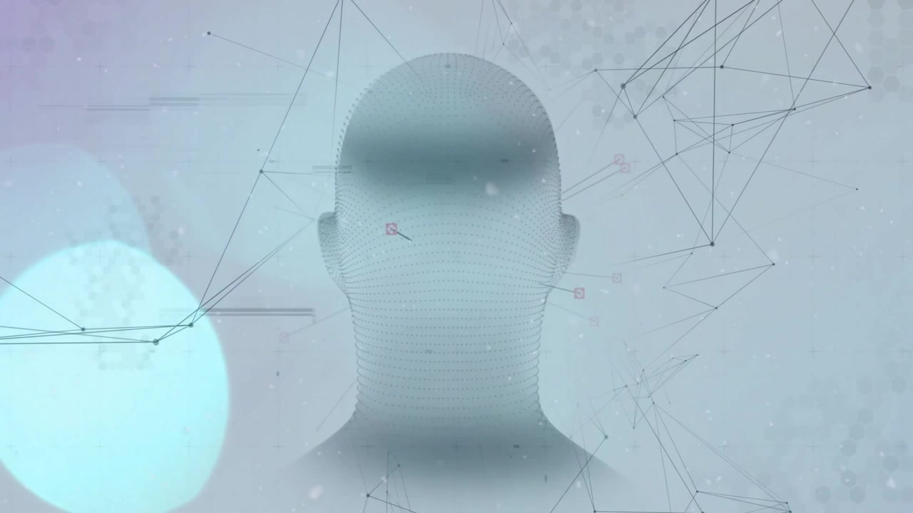 Una testa wireframe che appare gradualmente, ruotando attraverso barre con effetti glitch e nodi pulsanti in un contesto tecnologico.