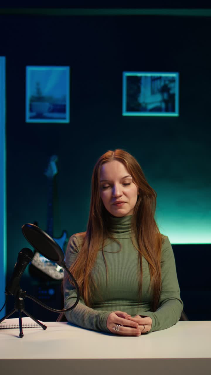 Giovane donna che parla al microfono in uno studio buio