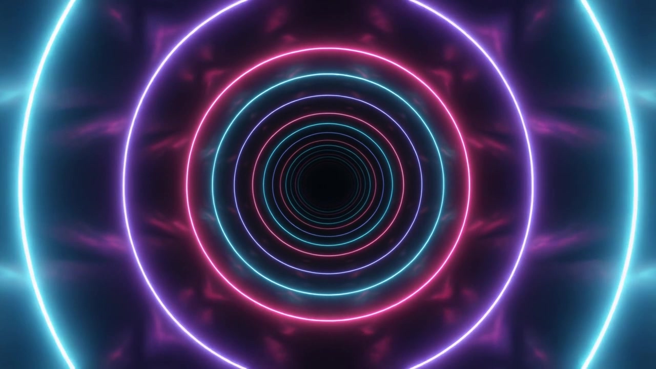 Tunnel astratto al neon con cerchi concentrici rosa e blu luminosi