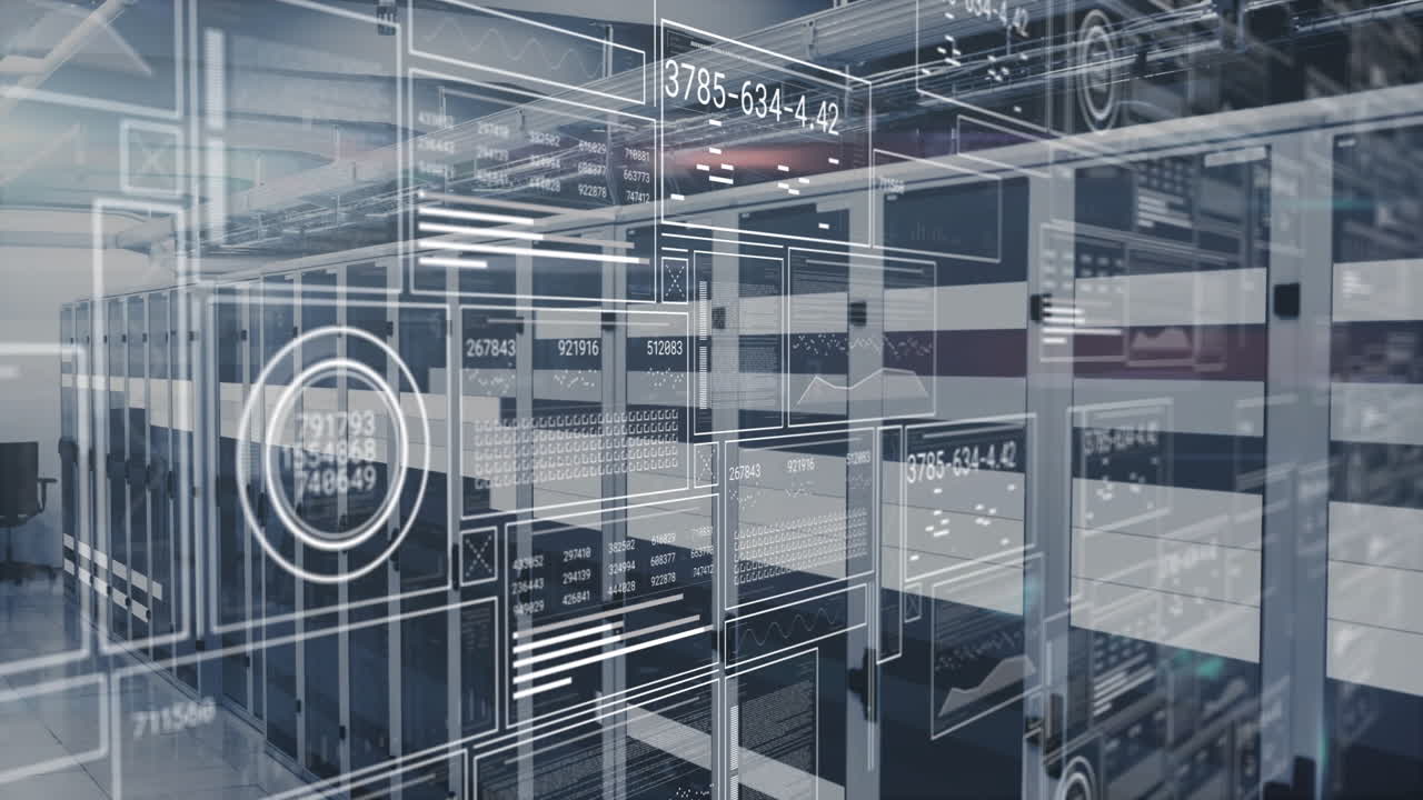 Digital data and network connections animation over server room environment